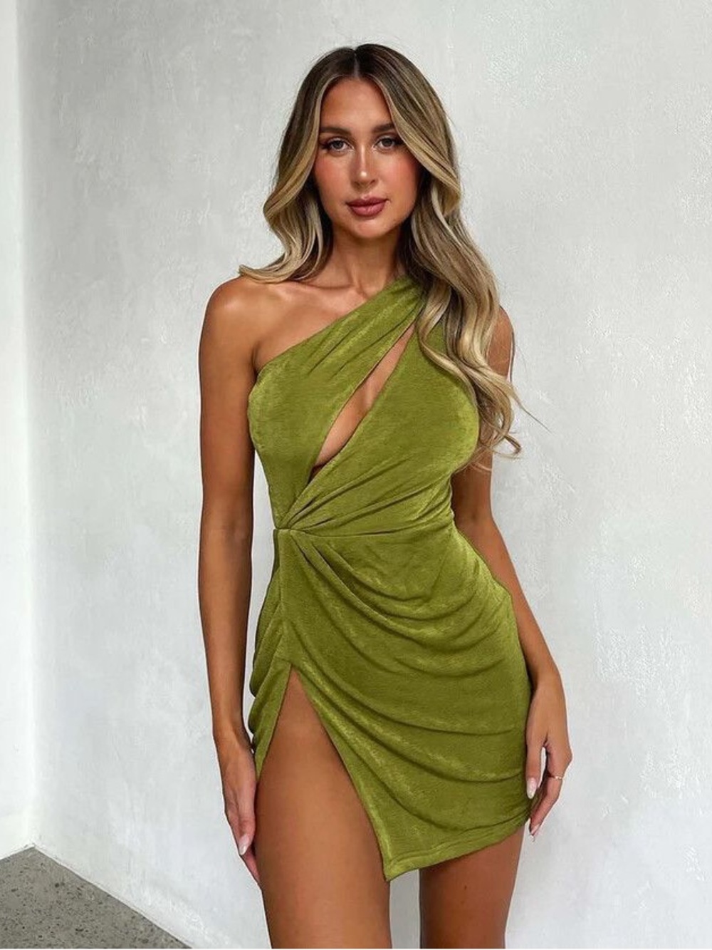 Tiger Mist Olive Green Fairy One-Shoulder Ruched Summer Mini Dress
